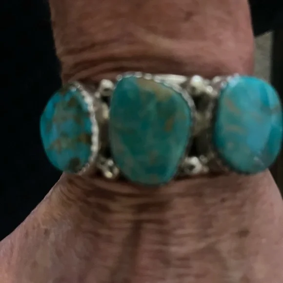 Vintage Native American Turquoise & Sterling Silver Cuff by M Thomas Jr - Picture 7 of 8